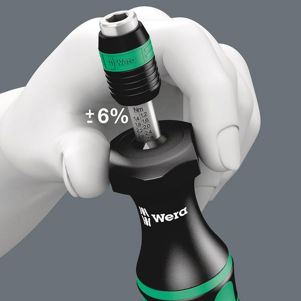 Measurement accuracy is 6 % (article 1430: 10 %) in accordance with the standard DIN EN ISO 6789. Distinctly audible and noticeable excess-load signal when the pre-set torque is reached.
