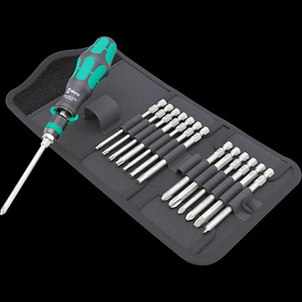 "Wera Tools 838 RA-R M Bitholding screwdriver with ratchet functionality, 1/4"", 15-piece ratchet screwdriver set
"
